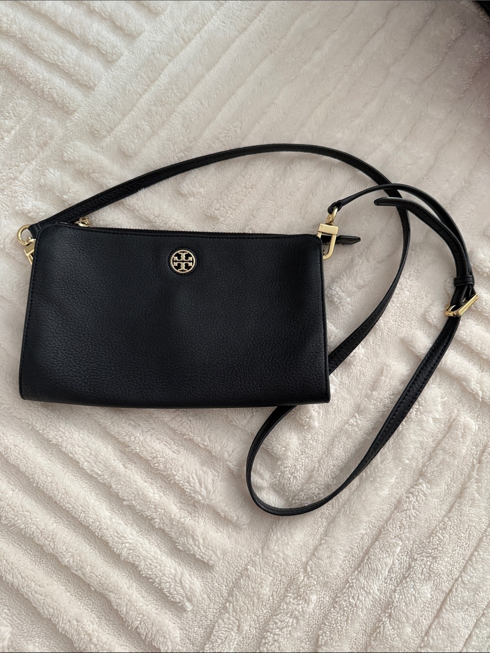 Tory Burch Black Leather Pebbled Crossbody with Gold Logo
